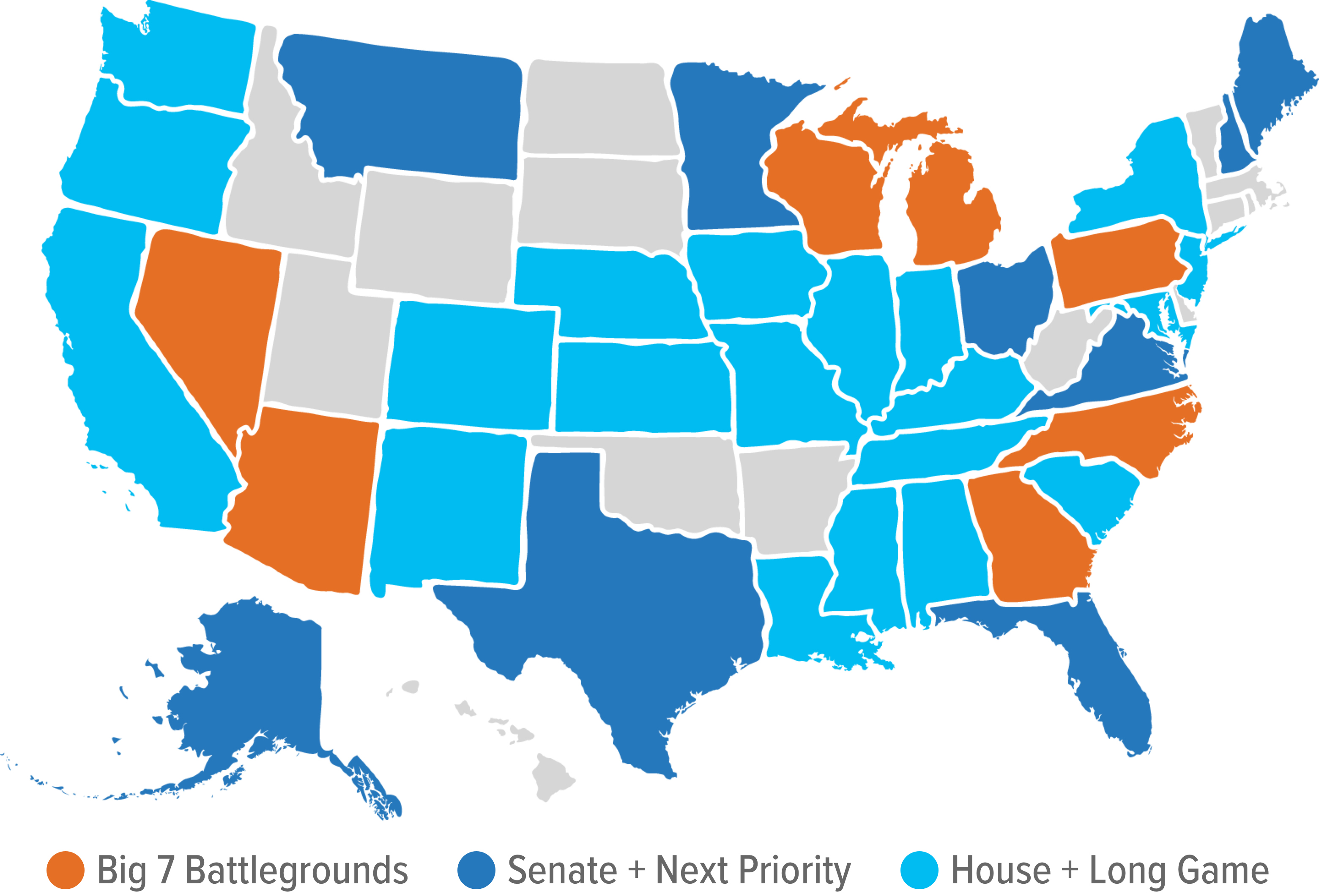 Map of MVP's 2024 state targeting, showing Big 7 Battlegrounds, Senate + Next Priority, and House + Long Game states