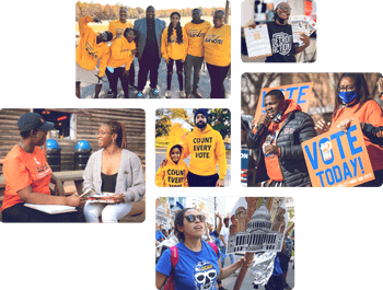 Photo collage featuring MVP local partner organizing groups: Advance NC, Detroit Action, GA Alliance, LUCHA (AZ), Leaders Igniting Transformation (WI), 1Hood Power (PA)