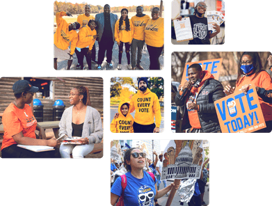 Photo collage featuring MVP local partner organizing groups: Advance NC, Detroit Action, GA Alliance, LUCHA (AZ), Leaders Igniting Transformation (WI), 1Hood Power (PA)