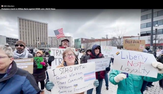 Screenshot: WBRE Wilkes-Barre, “Protestors march in Wilkes-Barre against DOGE cuts,” 3/1/2025. Protest organized by MVP partner Action Together NEPA.
