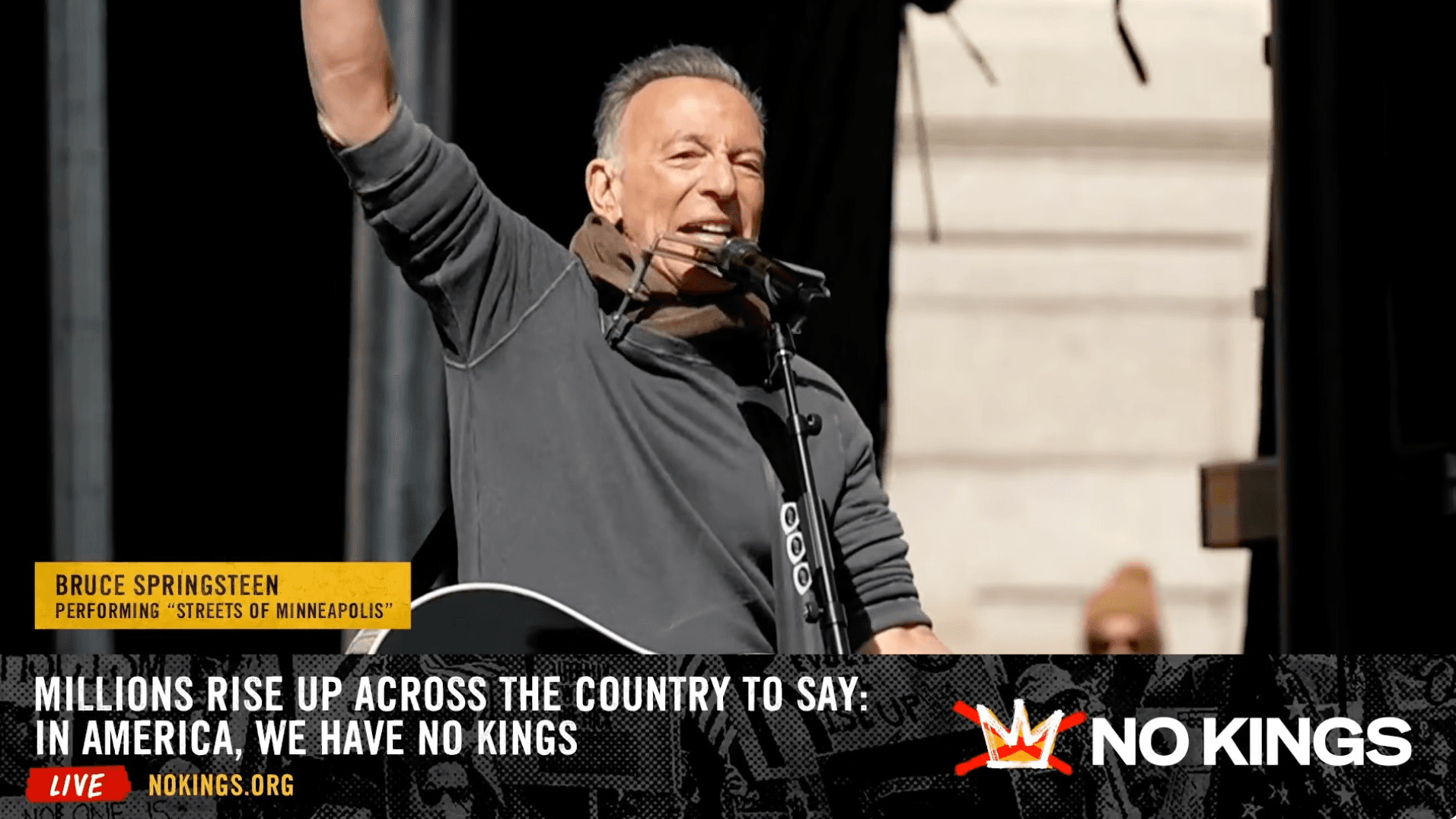 Screenshot: Bruce Springsteen performing “The Streets of Minneapolis” at the No Kings 3 flagship rally in Minneapolis, MN.