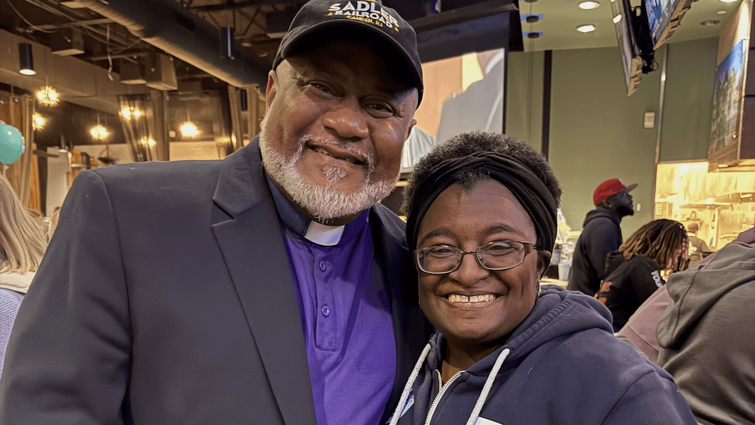 Photo: MVP Southern Regional Field Director, Jillian Johnson, with HD-106 primary election winner, Democrat Rev. Rodney Sadler, on Election Night.
