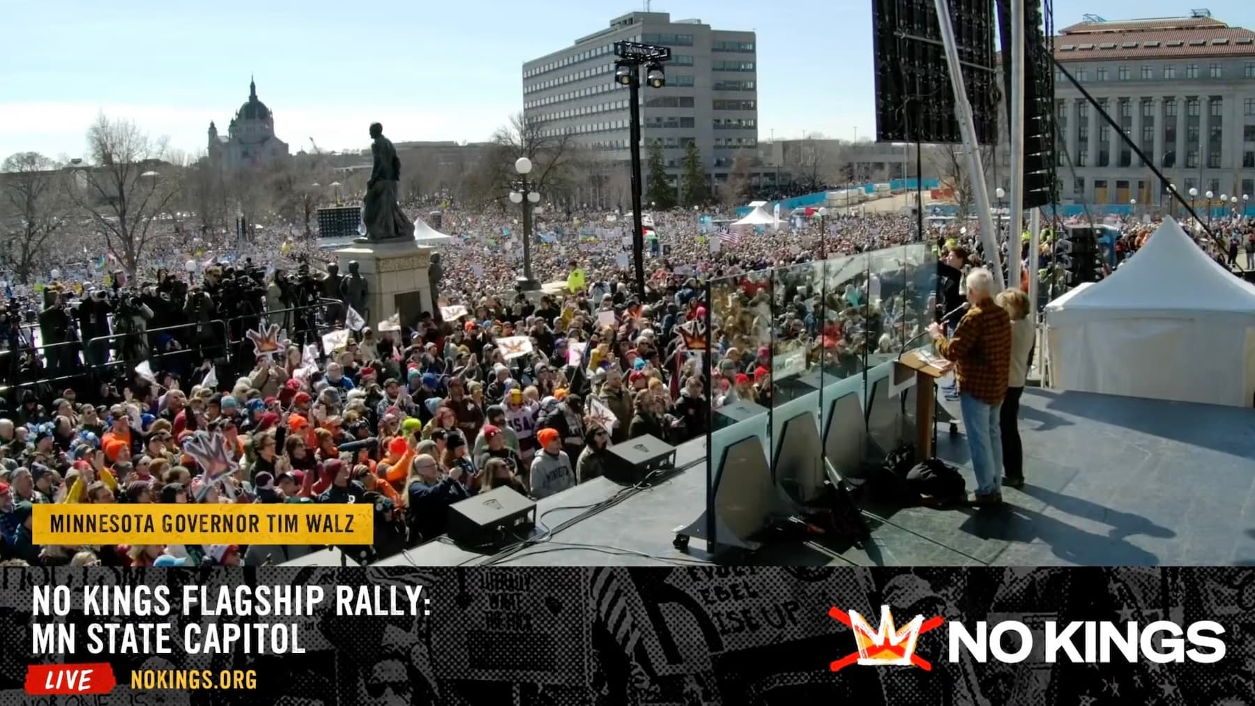 Screenshot: Live feed of Gov. Tim Walz speaking at the No Kings 3 flagship rally in Minnesota.