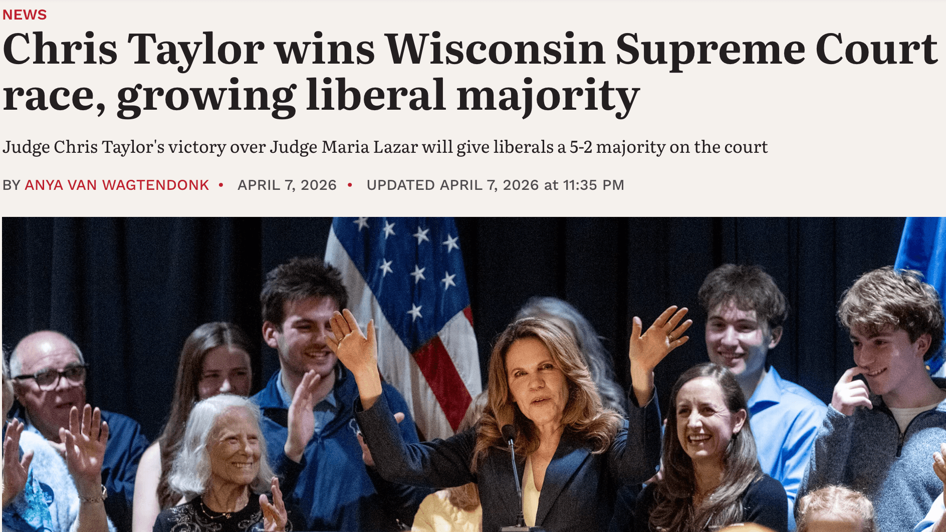 Screenshot: Wisconsin Public Radio reporting on Chris Taylor’s victory. (Photo credit: Angela Major/WPR)