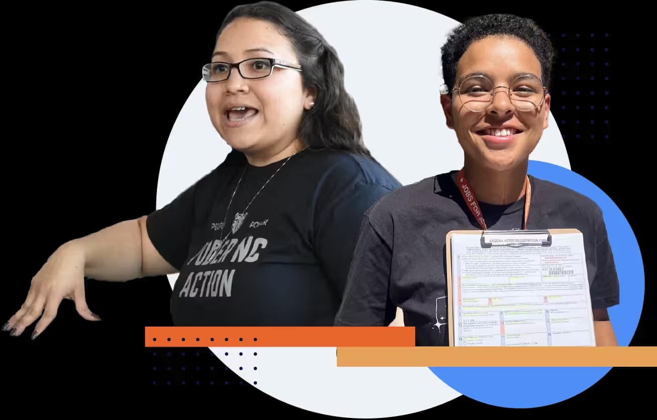 A collage of two people. One is mid-speech, wearing a political action t-shirt; the other is smiling at the camera, holding up a clipboard with a voter registration form.