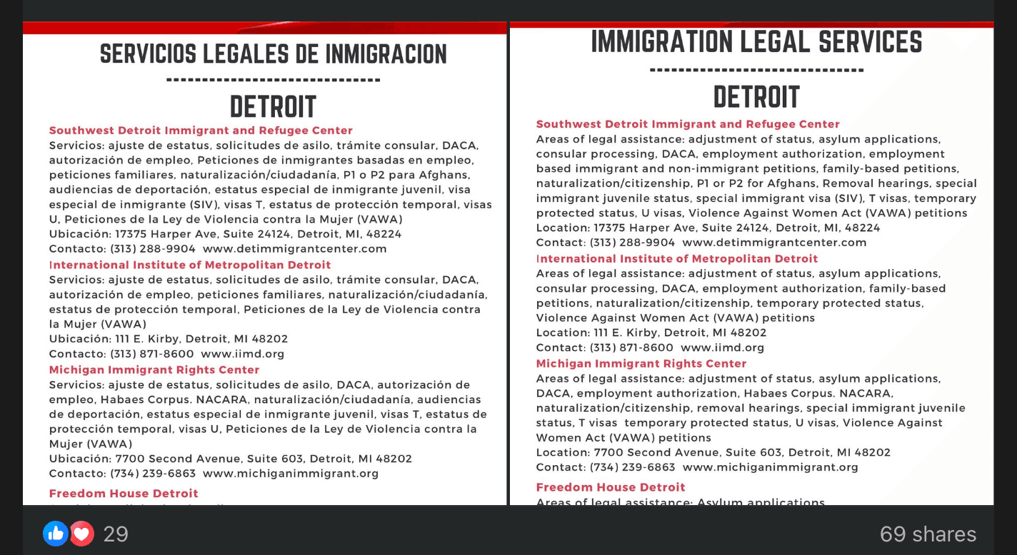 Detroit Hispanic Development Corporation | Screenshot of Facebook post promoting immigration legal services, January 21, 2025