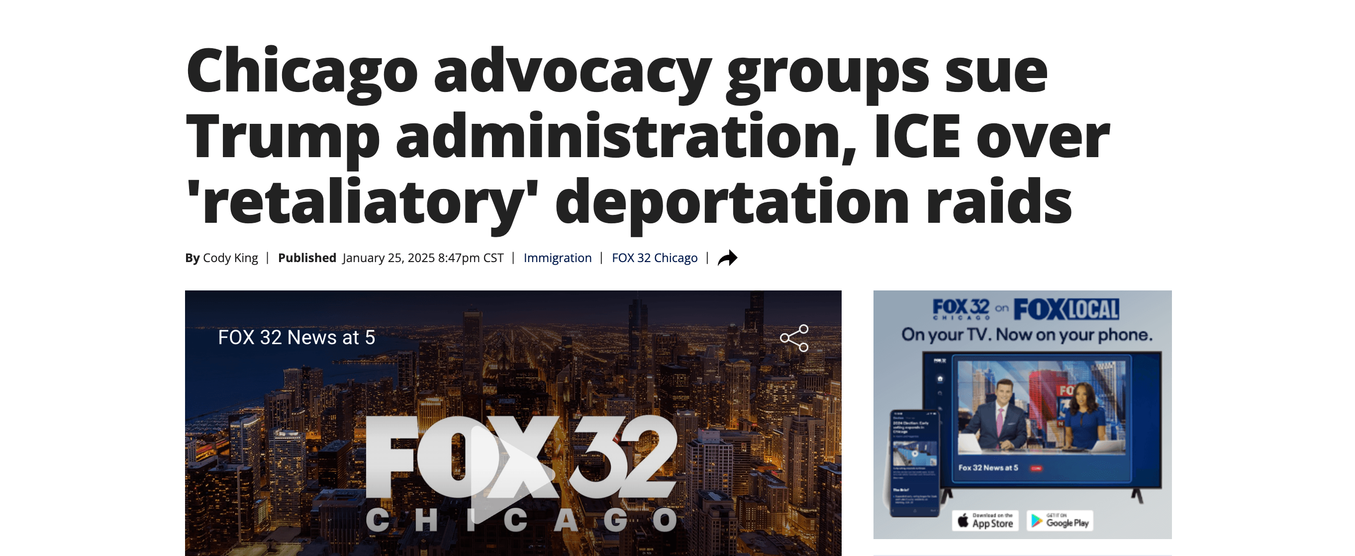 Press coverage of federal lawsuit by MVP partner Illinois Coalition for Immigrant and Refugee Rights (ICIRR) and others | Screenshot, Fox 32 Chicago, “Chicago advocacy groups sue Trump administration, ICE over ‘retaliatory’ deportation raids”