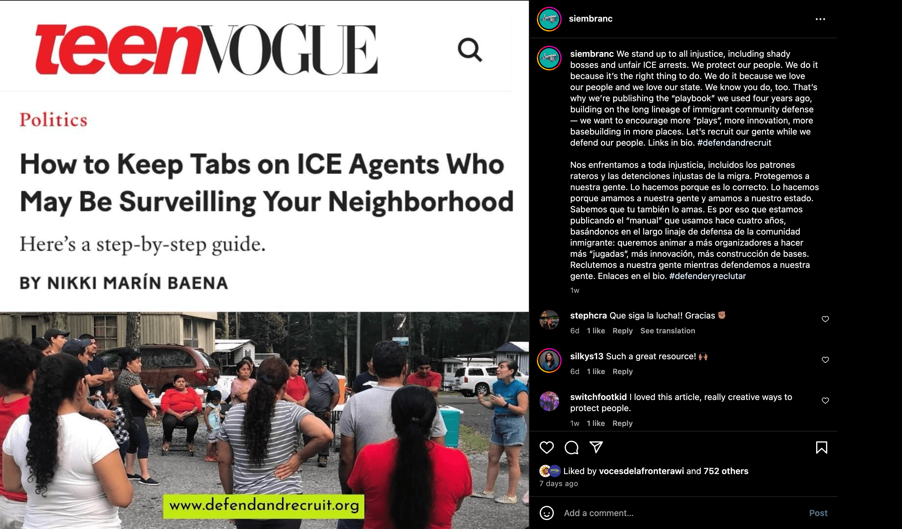 Siembra NC | Instagram Screenshot of Teen Vogue op-ed by Siembra NC Co-Director, Nikki Marín Baena, January 22, 2025