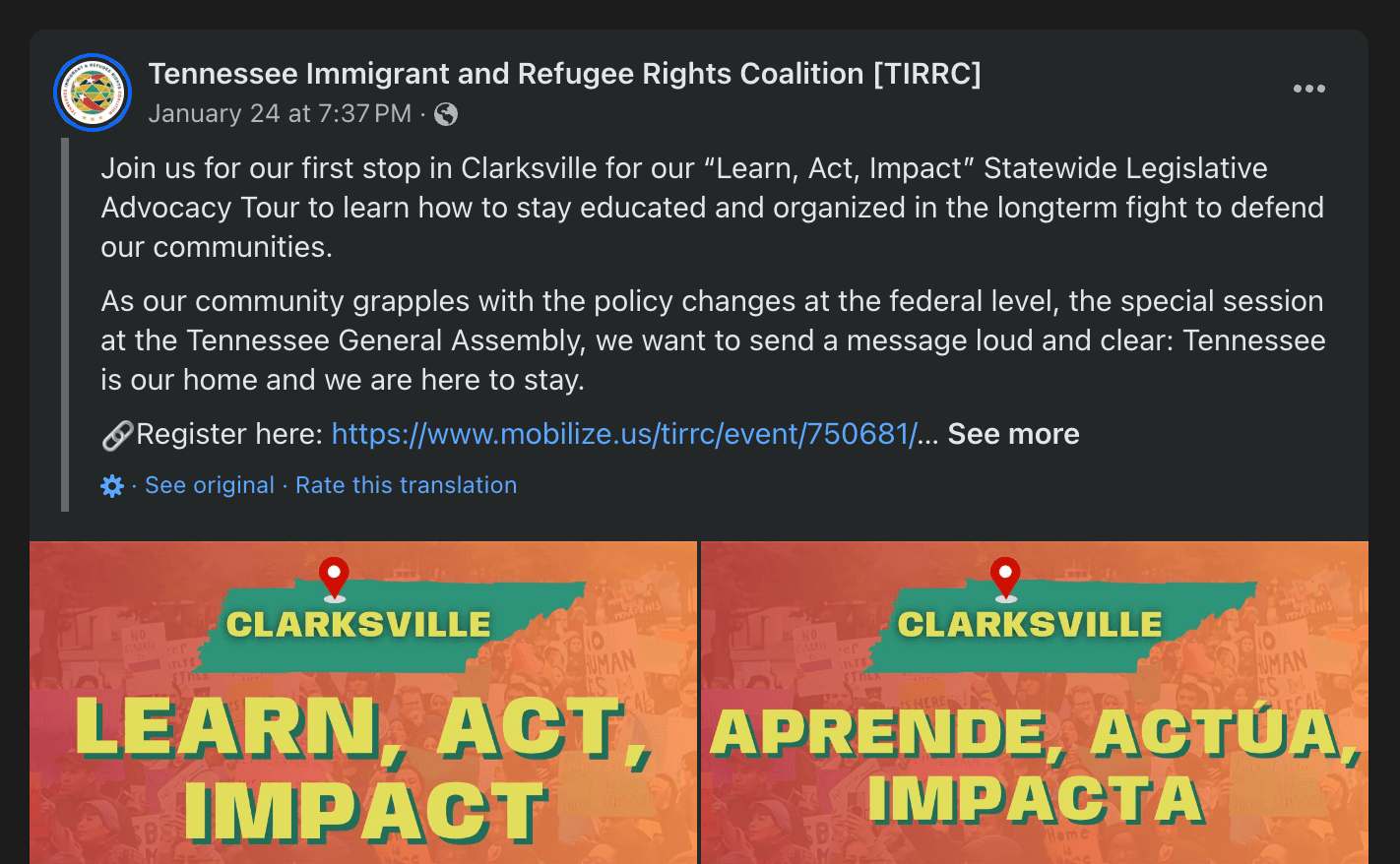 Tennessee Immigrant and Refugee Rights Coalition (TIRRC) | Promotion for “Learn, Act, Impact” Statewide Legislative Advocacy Tour, January 24, 2025