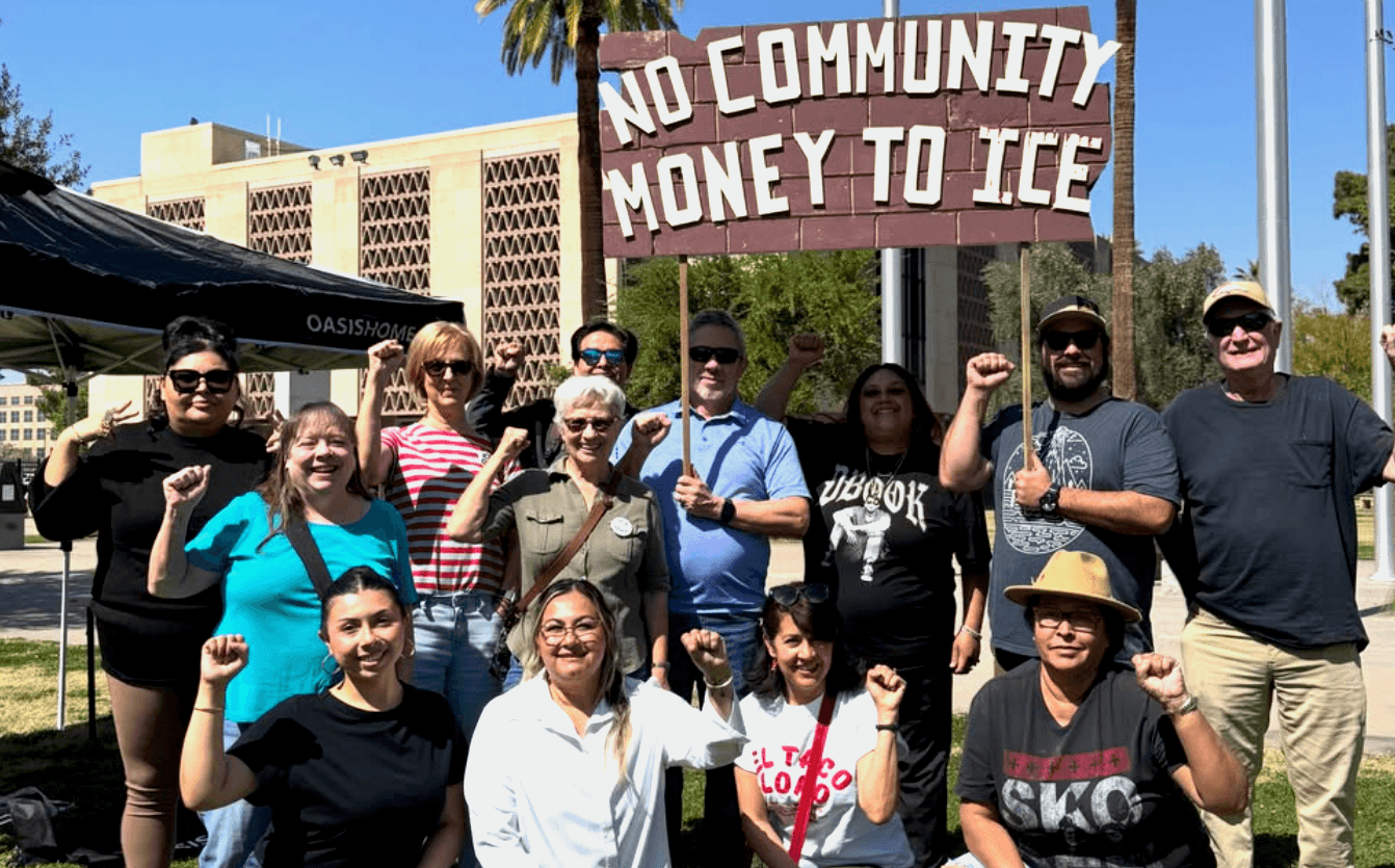 Photo: LUCHA members advocating for community investment and against ICE funding.