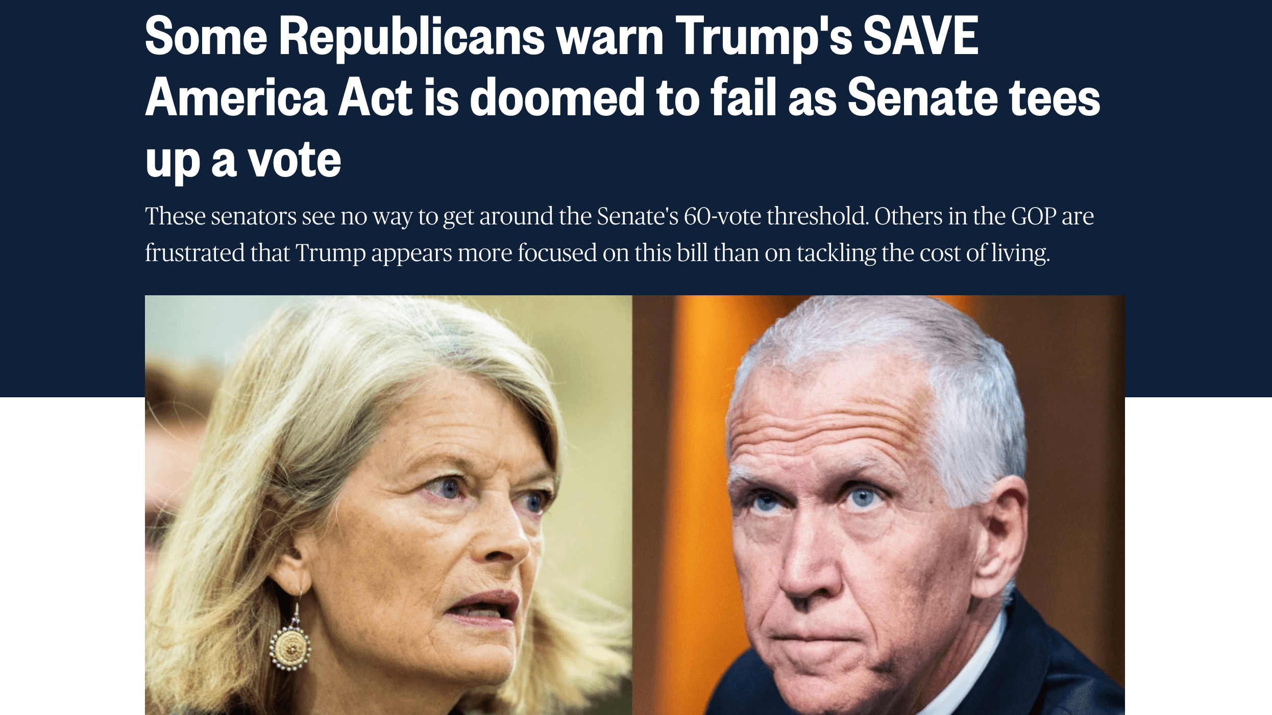 Screenshot: NBC News reporting that even some Republicans know the SAVE America Act is unlikely to pass the Senate.
