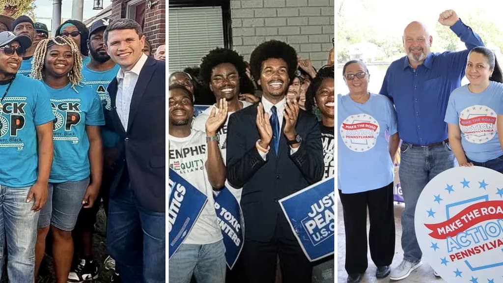 Photos (from left to right): Texas Organizing Project PAC with Dem. Senate candidate James Talarico; The Equity Alliance Fund with TN-09 Dem. candidate Justin J. Pearson; Make the Road Action Pennsylvania with PA-07 Dem. candidate Bob Brooks.