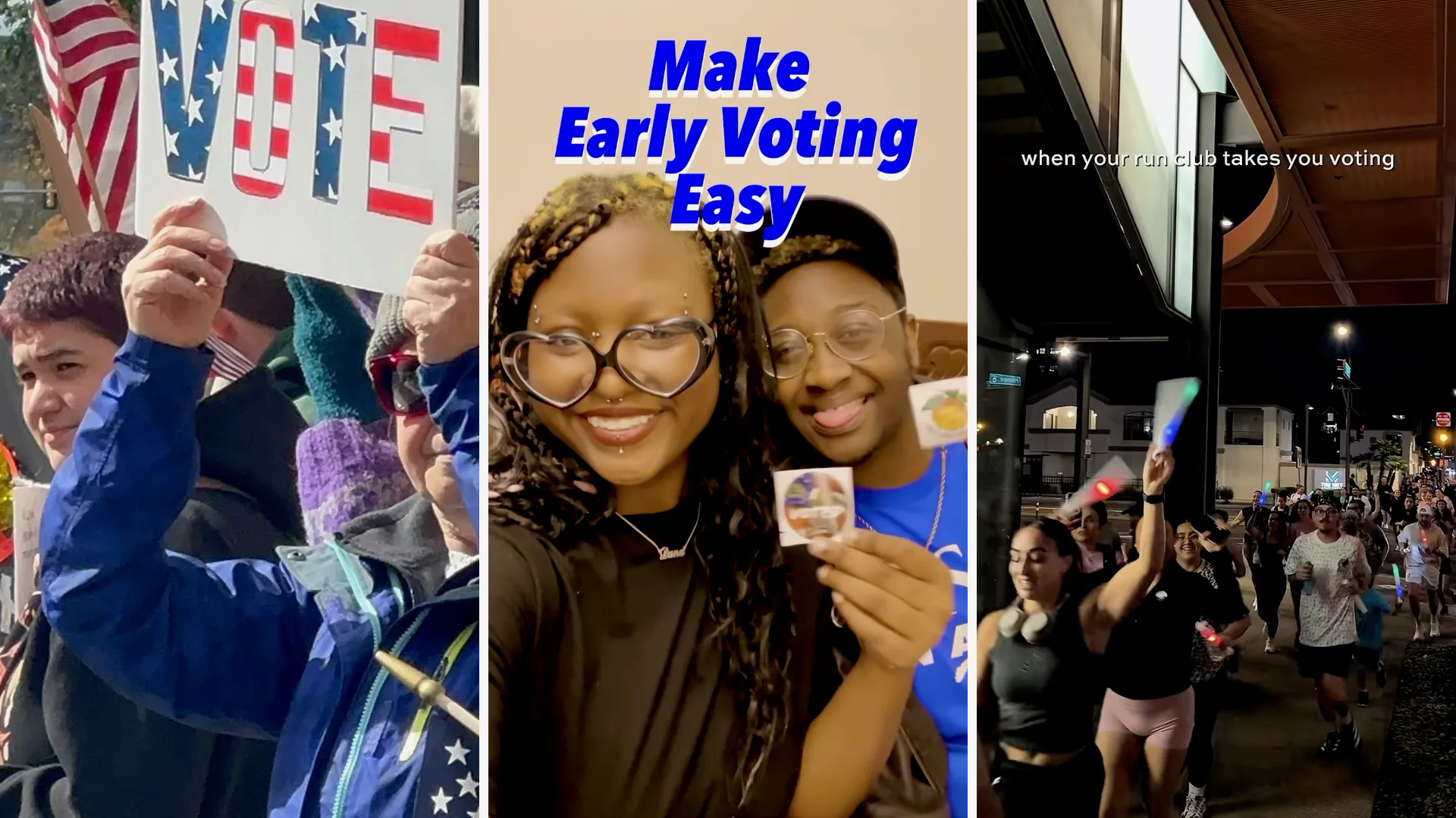 Photos (from left to right): Action Together NEPA (PA) at a No Kings early vote rally; CASA in Action GA voters showing off their early vote stickers; Living United for Change in Arizona (LUCHA) partnering with a local run club to run to vote early.