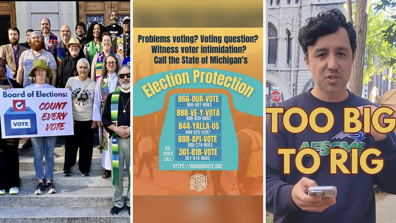 Photos (from left to right): Siembra NC at a “Count Every Vote” rally at the Guilford County Board of Elections; Detroit Action promoting the Michigan Election Protection Hotline; One Pennsylvania and Asian Pacific Islander Political Alliance (PA) partnering with a local creator on making the midterms “too big to rig.”