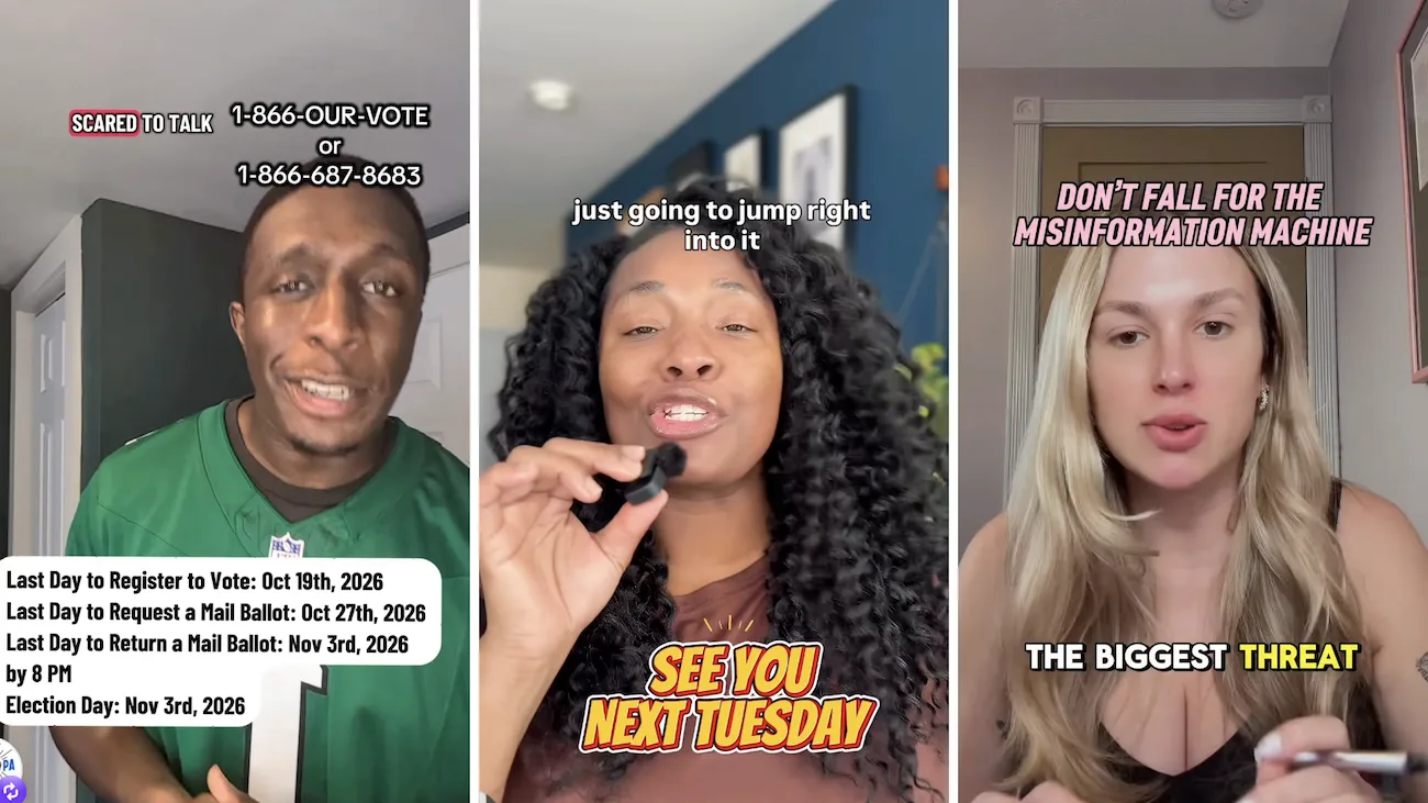 Screenshots (from left to right): As part of our Pennsylvania state-based cohort in partnership with One Pennsylvania, content creators @giftfromtodd, @chanteecreates, and @jessbritvich use their platforms to share voting information, energize people to the polls, and combat misinformation.