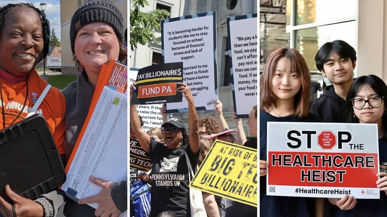 Photos (from left to right): Michiganders for Money Out of Politics canvassers; Pennsylvania Stands Up legislative rally; One APIA Nevada advocating for healthcare access.