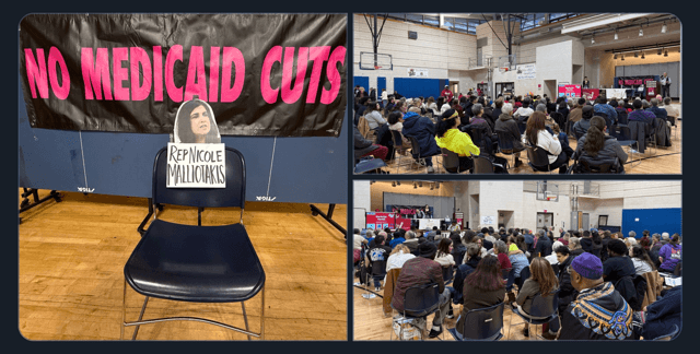 Screenshot: Indivisible Brooklyn’s Bluesky account, 3/19/2025: Staten Island “Empty Chair” Town Hall to Pressure NY-11 GOP Rep. Malliotakis - Organized by MVP partners Citizen Action of NY, Make the Road NY, Indivisible Brooklyn, and other allied groups