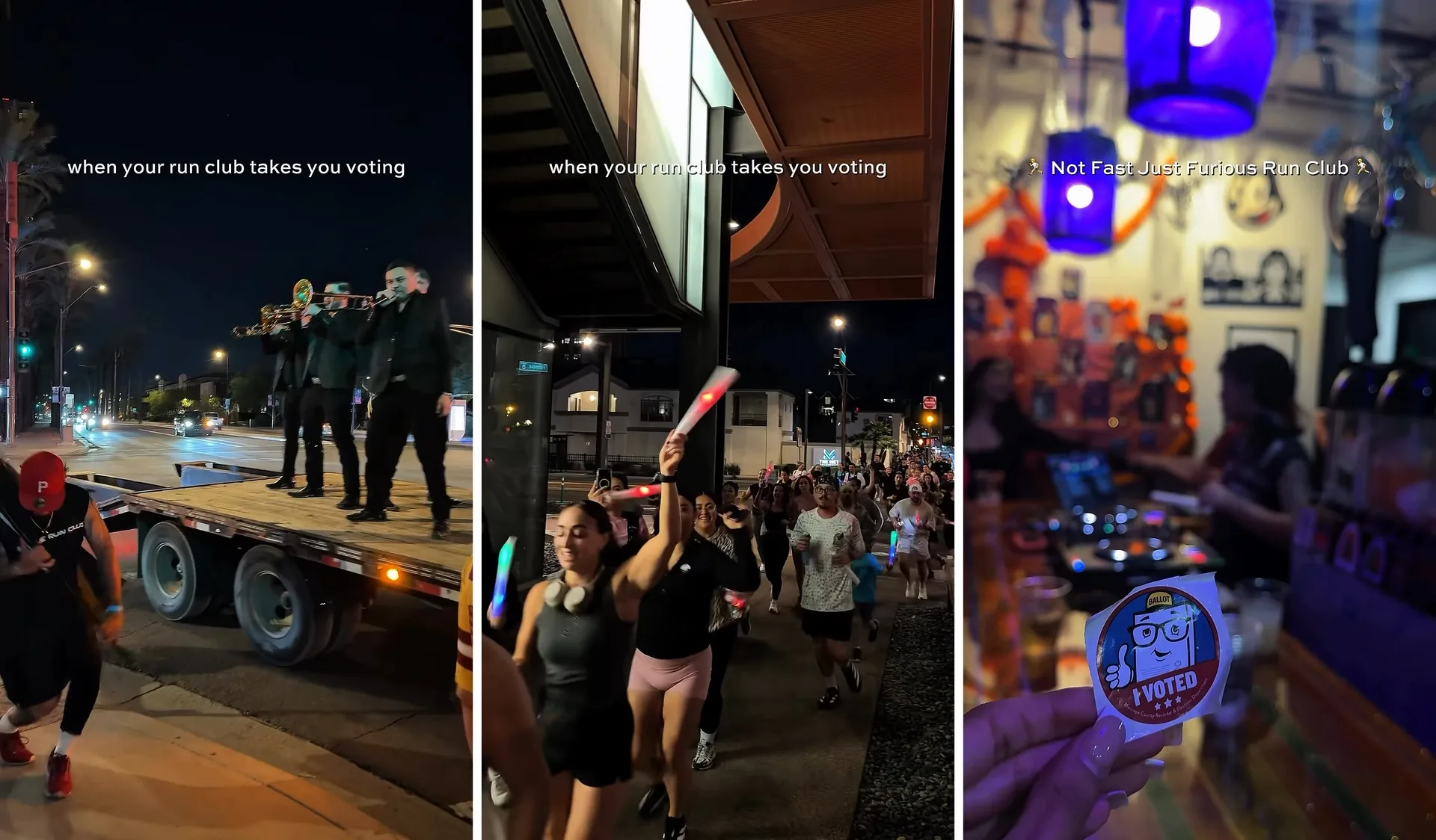 Run the Vote triptych, banda truck, runners, and I Voted sticker (video stills, via @yourphoenixfriend)