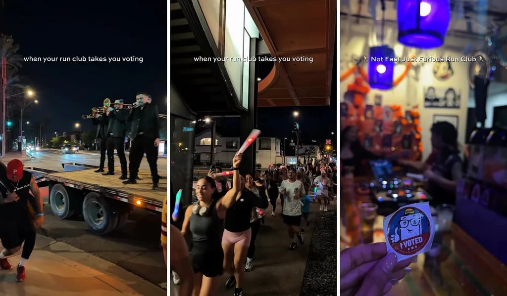 Run the Vote triptych, banda truck, runners, and I Voted sticker (video stills, via @yourphoenixfriend)