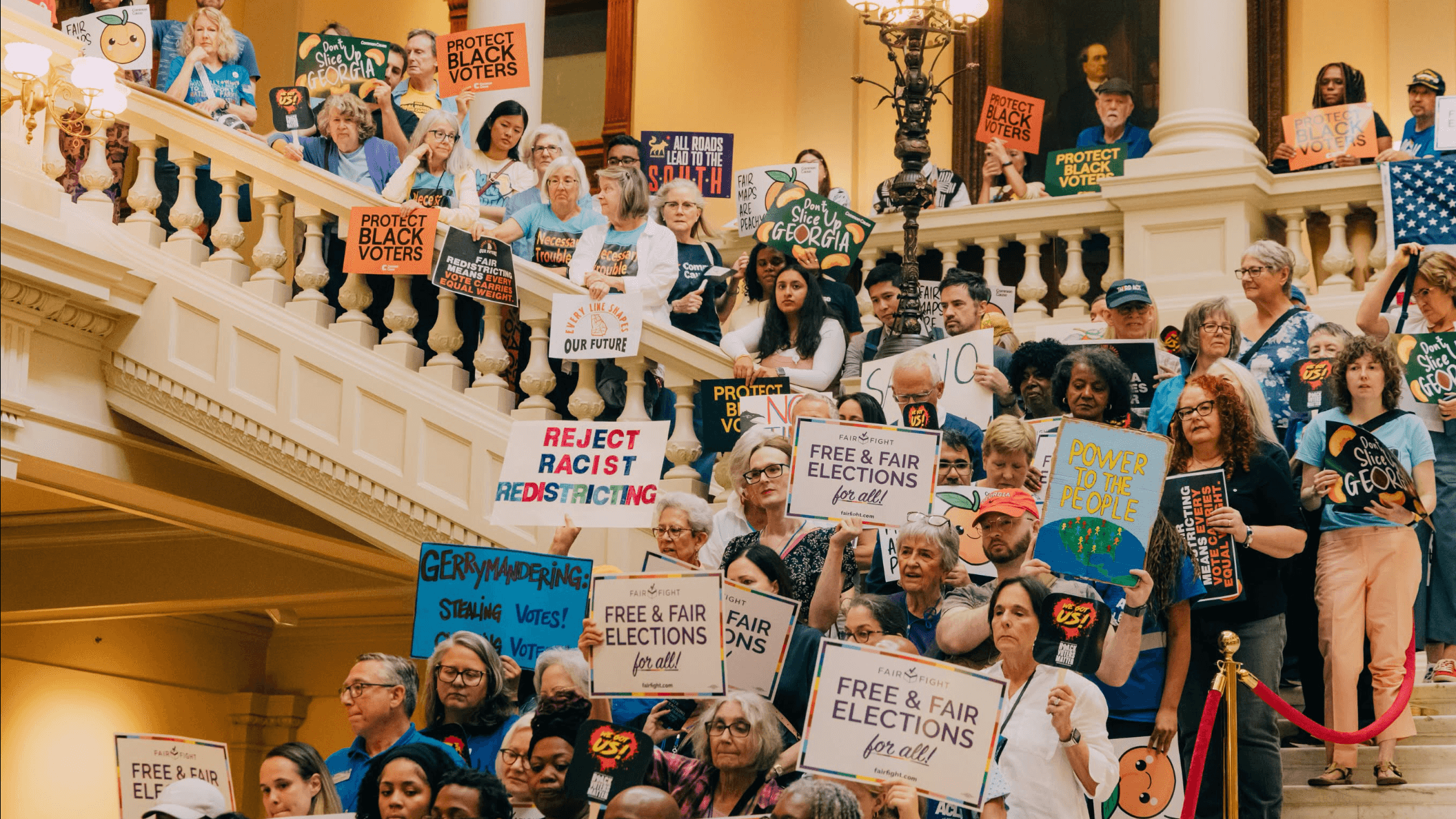 Photo: MVP partners, including Black Voters Matter Fund, GA Working Family Party, Georgia Youth Justice Coalition, and Asian American Advocacy Fund, mobilize hundreds of people to protest gerrymandering at the Georgia State Capitol.