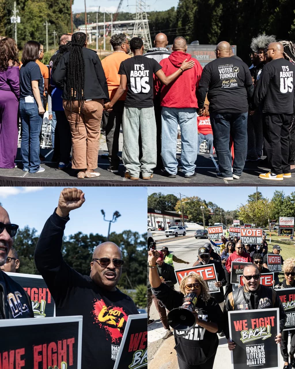 Black Voters Matter Fund marchers carrying “Vote Today!” and “We Fight Back!” signs on the march to the polls in Atlanta, and organizers joining hands on a stage.