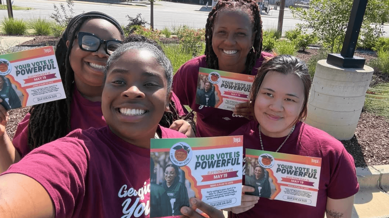 Photo: Georgia Youth Justice Coalition canvassers knocking doors and talking to voters ahead of the May 19 Georgia primary election.