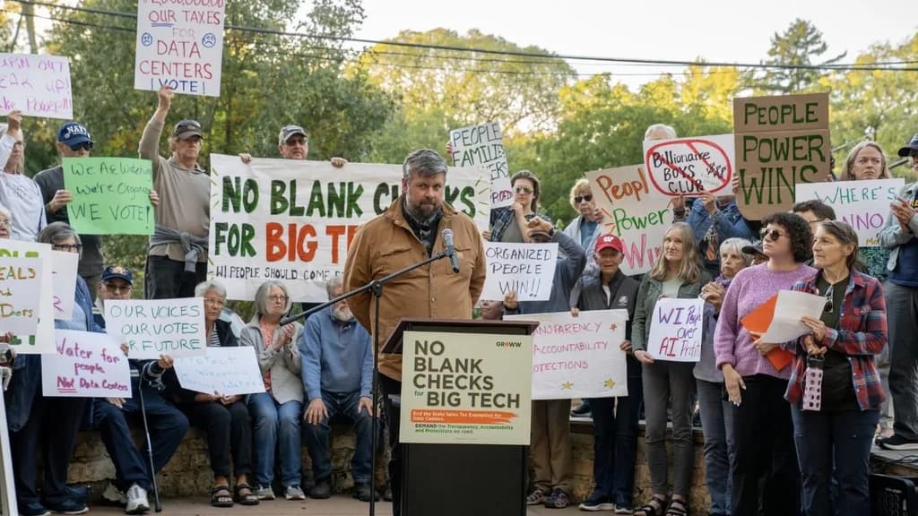 Photo: MVP partner GROWW (GrassRoots Organizing in Western Wisconsin), “No Blank Checks for Big Tech” rally, 9/24/2026.