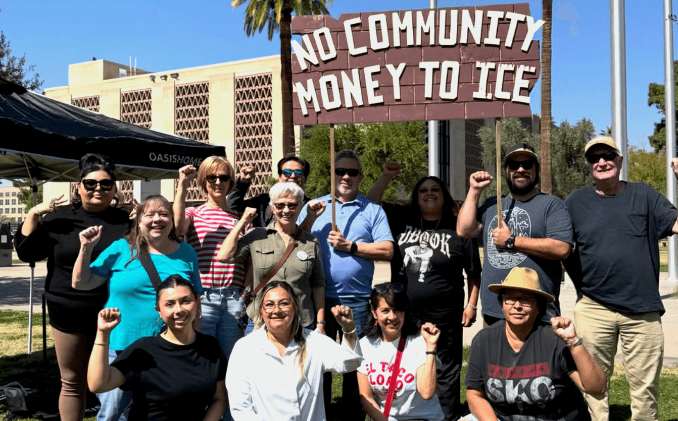 Photo: LUCHA members advocating for community investment and against ICE funding.