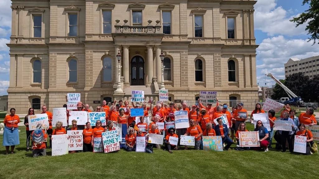 Photo: Michiganders for Money Out of Politics (MMOP) outside the Michigan State Capitol after their massive petition signature collection was approved.