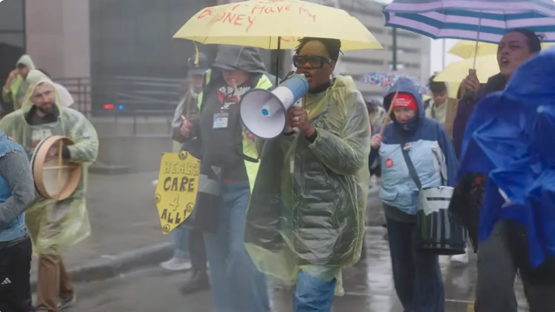 Screenshot: A scene from MVP’s new video “Where North Carolina Goes”, showing Down Home North Carolina organizers demonstrating against Republicans in the state legislature.