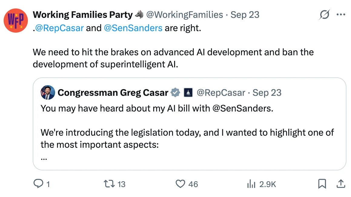 Screenshot: Working Families Party posting on Twitter about the need to rein in AI and support legislation introduced by Rep. Greg Casar and Senator Bernie Sanders that would ban the development of artificial superintelligence.